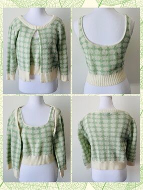 Green Gingham Knit Sweater Set - Cardigan & Tank 💚